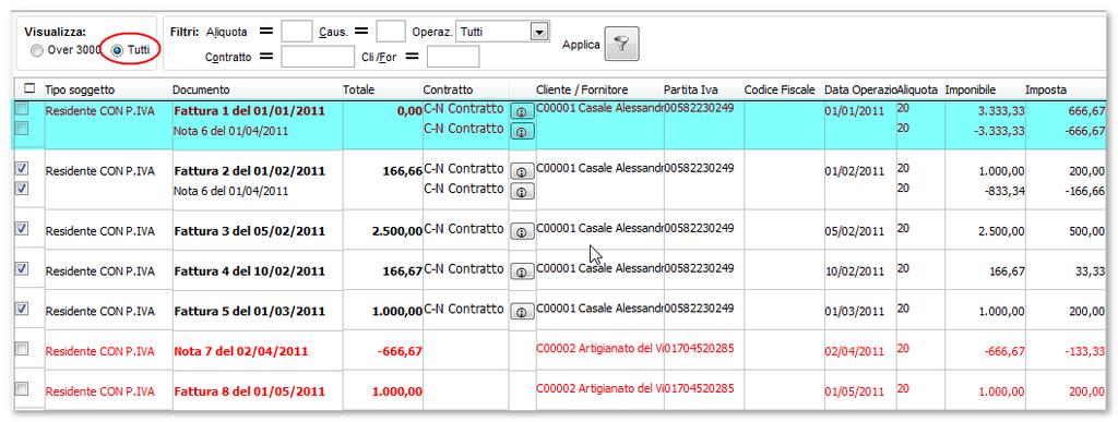 Eseguendo l elaborazione dell anno di imposta 2011 si otterrà un elenco dove verranno presentate tutte le fatture collegate da contratto che complessivamente superano la soglia di comunicazione