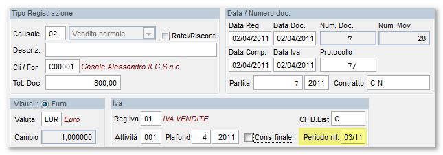 inserimento del periodo di riferimento nella registrazione della nota.