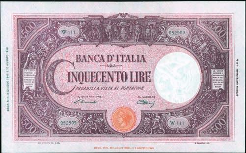 34H - Einaudi/Urbini - Piega verticale pressata SPL+ 250 611 612 611 500 Lire - Barbetti (testina) 11/11/1944 - Alfa 470;