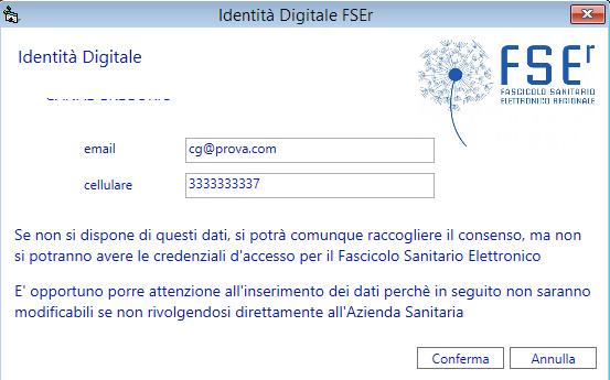 Verrà aperta la finestra di modifica dell Email e del Cellulare del paziente, apportare le modifche richieste e poi premere Conferma A questo punto il programma crea un nuovo