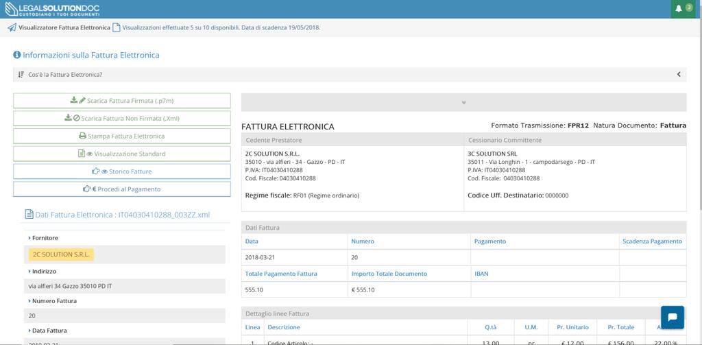 LegalSolutionDOC Fattura Elettronica E-MAIL con link alla Fattura Per i clienti ESTERI e per quelli che NON sono in regime di Fattura Elettronica è disponibile