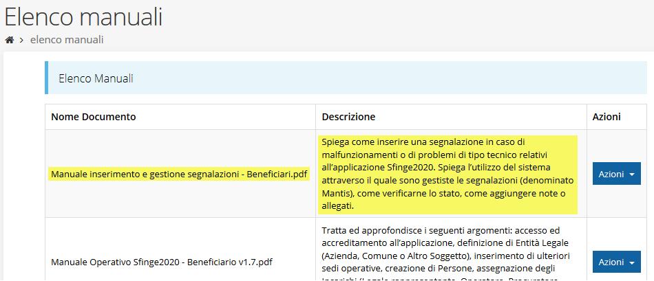 Figura 10 - Elenco manuali: Manuale per le segnalazioni di problemi tecnici Questo canale è quello da utilizzare per la soluzione di problematiche di tipo tecnico sul funzionamento dell applicazione