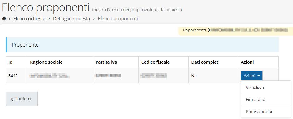 Figura 22 - Elenco proponenti (con dati incompleti) In questo caso attraverso il menù Azioni si accede alle seguenti funzionalità: Visualizza: attraverso questa funzione si possono visualizzare le