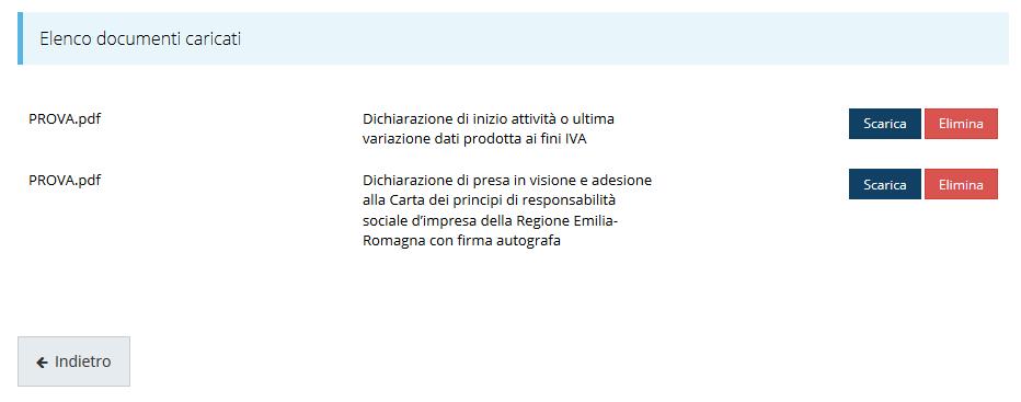 Figura 54 - Documenti caricati A tal proposito si chiarisce che, per i singoli liberi professionisti è obbligatorio allegare anche l attestazione di regolarità contributiva rilasciata dalla cassa