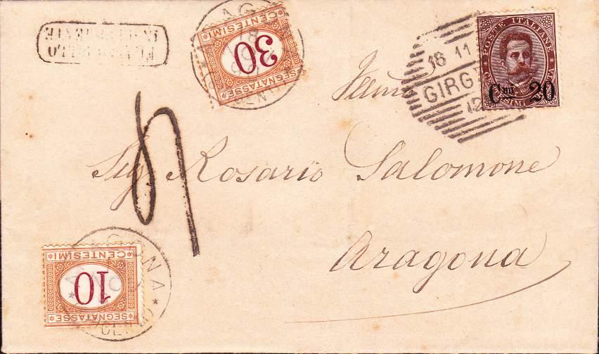 18 novembre 1890 - Piego doppio porto spedito da Girgenti per Aragonaaffrancato, in difetto di 20 c, per 20 c. All arrivo fu tassato per 40 c.