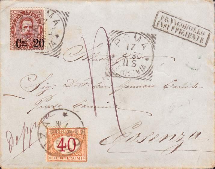 2) Taxation for inadequate stamps according to weight 2) Tassazione per affrancatura insufficiente in base al peso 17 febbraio 1890 e 07 febbraio 1884 -