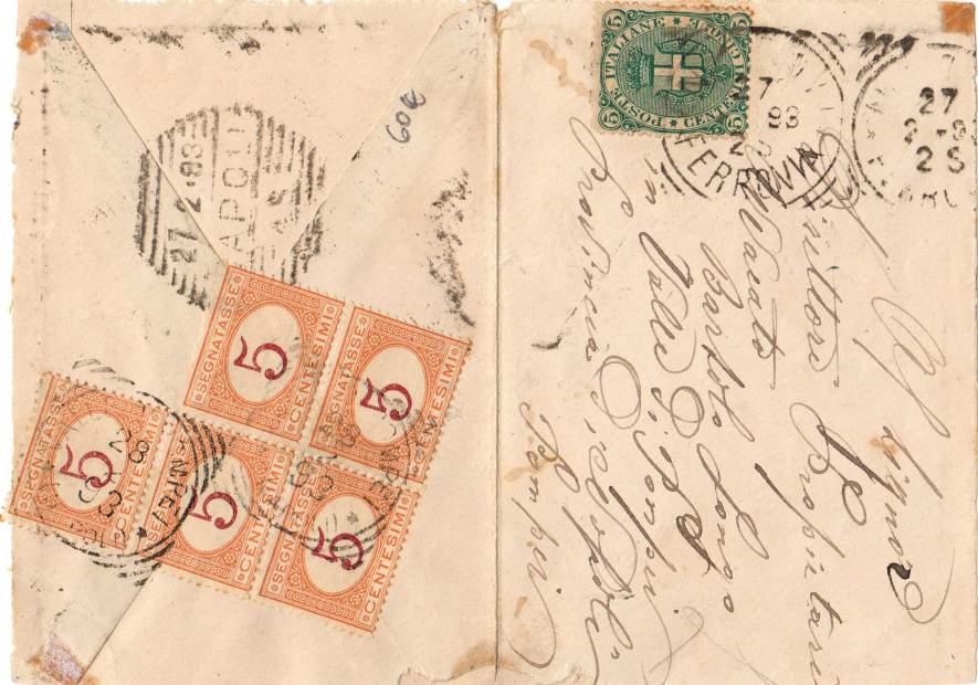 7 luglio 1898 - Busta di lettera spedita dall Ambulante Firenze - Milano per Piteccio affrancata per 5 c. La normativa relativa ai compiti del Messaggere riportava (Bullettino n.