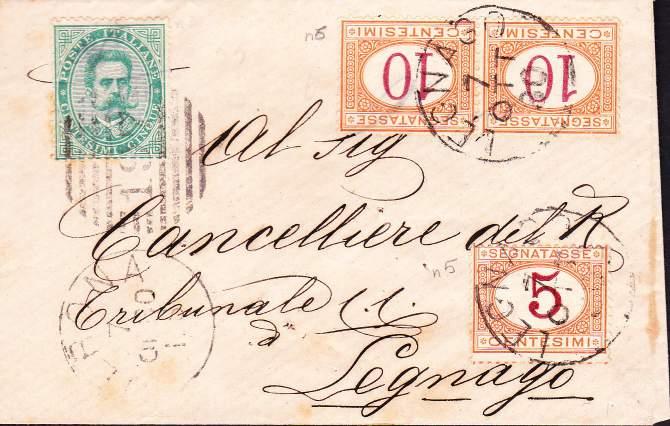 31 marzo 1892 - Biglietto da visita spedito da Milano per Cavarzere affrancato, in difetto di 15 c, per 5 c. All arrivo fu tassato per 25 c. pari all importo delle lettere non franche dedotti i 5 c.