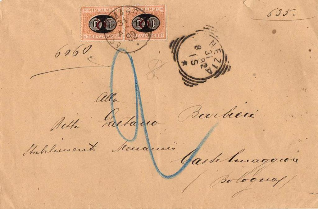 31 agosto 1892 - Busta di lettera spedita con tassa a carico dalla Direzione delle Costruzioni Navali di Venezia per Castelmaggiore tassata per 20 c.