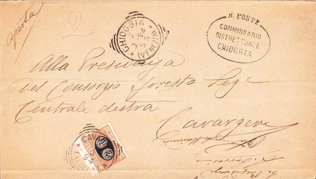07 marzo 1894 - Piego spedito con tassa a carico dal Commissario Distrettuale di Chioggia per Cavarzere tassata per 20 c.