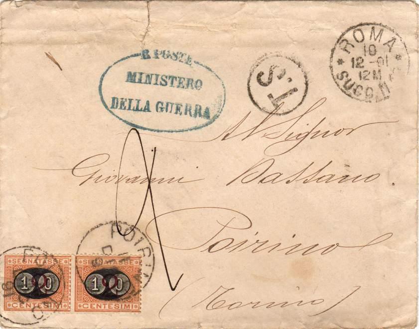 10 dicembre 1891 - Busta di lettera spedito con tassa a carico dal Ministero della Guerra a Roma per Poirino tassata per 20 c.