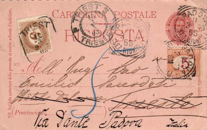 11) Taxation on postal stationeries 11) Tassazione su intero postale 11 marzo 1893 - Parte risposta di cartolina postale di Stato con risposta pagata da 7 1/2 c. spedita da Padova per l Austria.