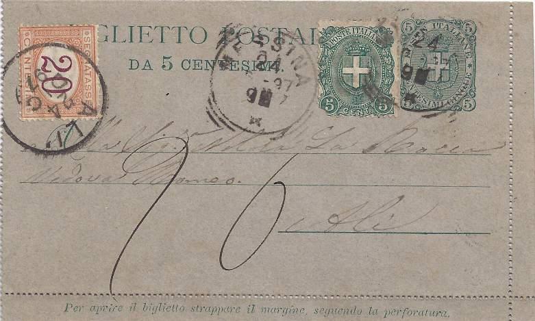 pari al doppio dell importo mancante. Sul fronte fu manoscritto in azzurro 5 pari alla tassa da riscuotere di 5 c. 24 dicembre 1897 - Biglietto postale da 5 c.