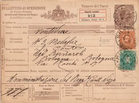 12) Taxation for unclaimed parcels 12) Tassazione per giacenza pacchi 28 giugno 1890 - Bollettino di spedizione di pacco