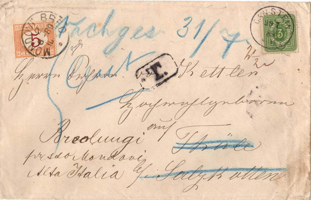 21 ottobre 1890 - Cartolina postale di Stato austriaca da 2 kr. spedita da Gorizia per Palmanova tassata all arrivo per 15 c. arrotondati pari al doppio dell importo mancante di 10 kr.