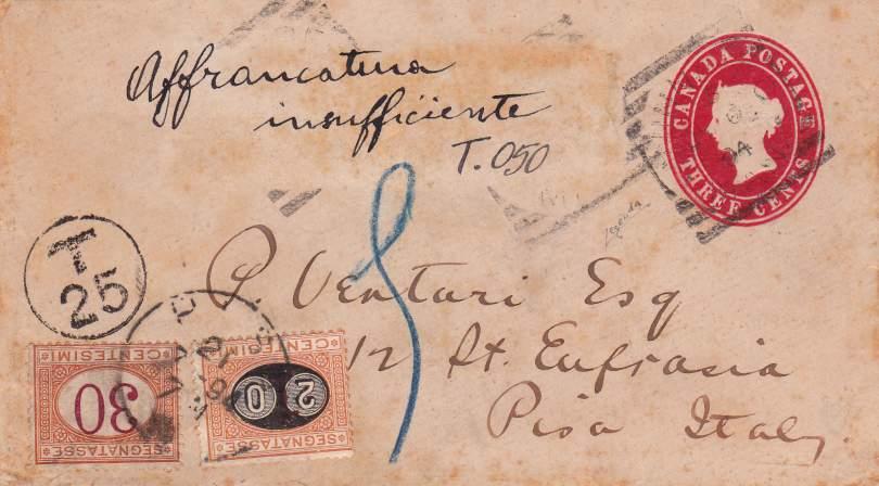 14) Taxation for letters wrongly stamped from abroad 14) Tassazione per lettere erroneamente affrancate dall estero 05 luglio 1894 - Intero postale canadese da 3 c.