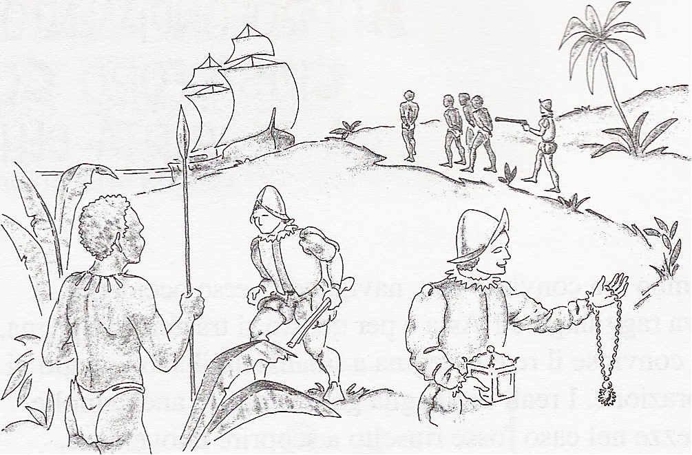 Cristoforo Colombo, con tre grandi barche, le caravelle, viaggia in mare per due mesi e arriva in