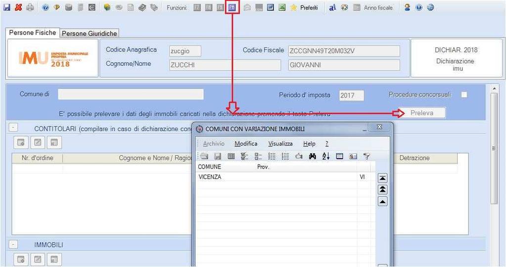 Con il tasto funzione, si visualizza la lista dei comuni aventi almeno un immobile con l'opzione di variazione selezionata nei Dati IMU/TASI 2017 come evidenziato precedentemente: