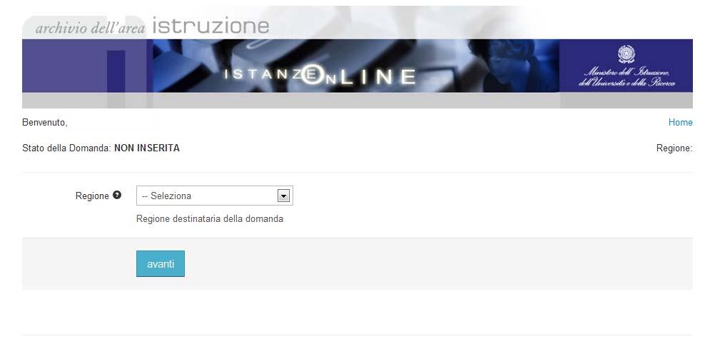 Nel caso di primo accesso all applicazione verrà data la possibilità, attraverso un apposita list-box, di scegliere la regione di destinazione della domanda.