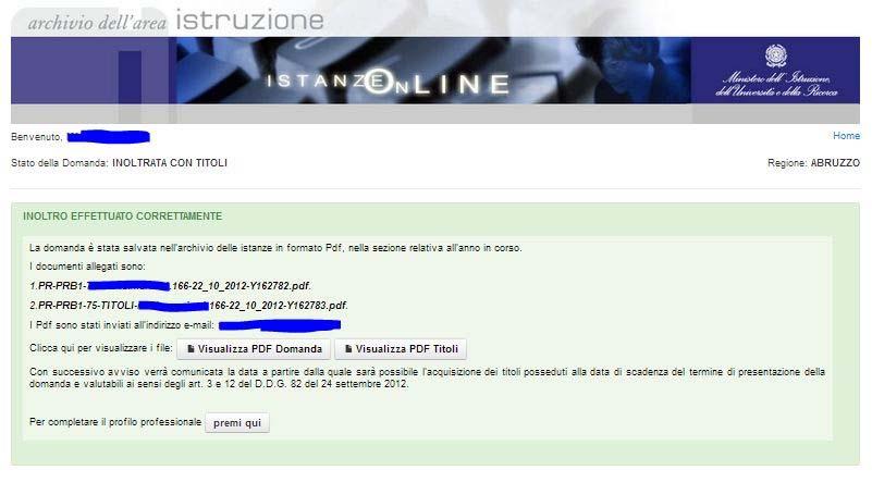 Se non è stata compilata la sezione dei titoli valutabili verrà prospettata una pagina di inoltro effettuato correttamente.