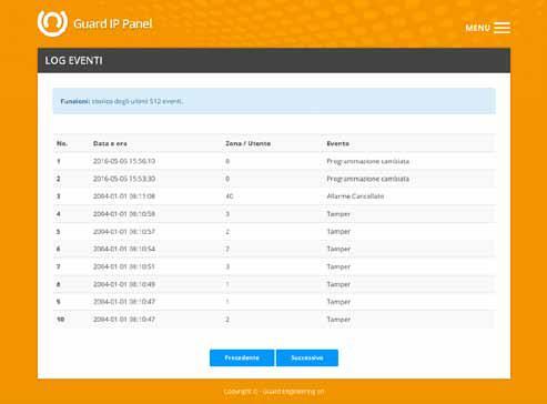 4.11 Controllo eventi Da questo pannello è possibile leggere la storia degli allarmi e degli