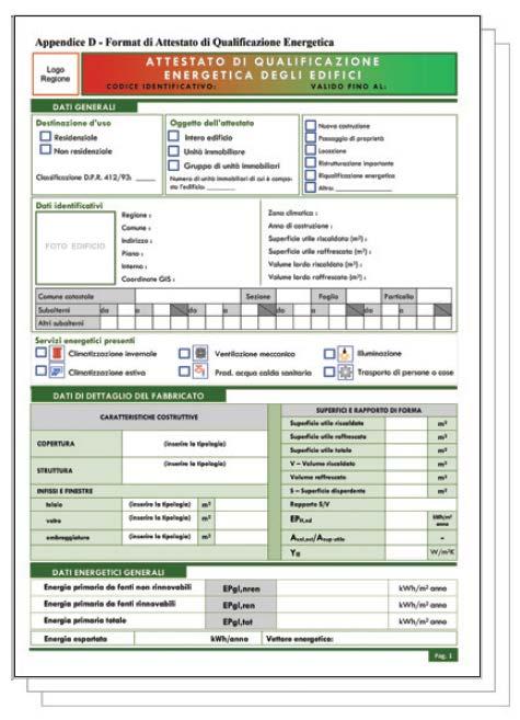 Altri documenti legati alla certificazione energetica L Attestato di Qualificazione Energetica (AQE) documento che riassume la prestazione energetica dell edificio, non riportandone la