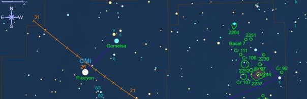 La C/2013 R1 (Lovejoy) si troverà più bassa, inizialmente nell Unicorno, e il giorno 26 sarà alla minima distanza da Procione (mag. 0,4, distanza 52 primi).