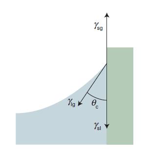 Interfase liquido-vapore Interfase liquido-vapore Angolo di bagnabilità Angolo di contatto, θ c : tra la parete e il bordo del menisco Bilancio delle forze verticali: γ sg = γ sl + γ lg cos θ