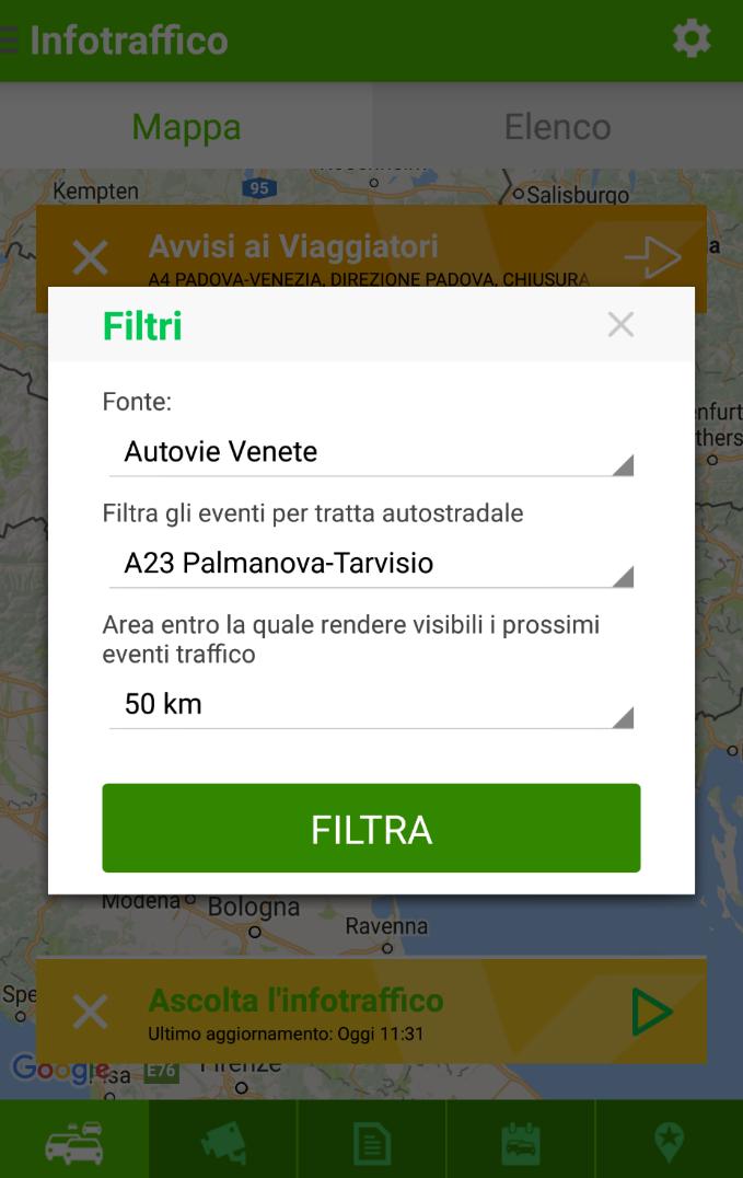 Visualizzazione APP Infoviaggiando Sulla schermata dell Infotraffico sono presenti anche gli Avvisi ai viaggiatori in alto su un banner arancione mentre in basso è presente il banner