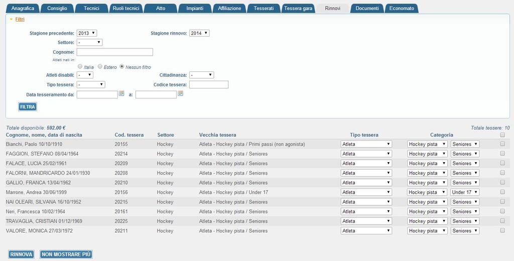 2 j) -Rinnovi: In questa pagina si possono effettuare rinnovi multipli di atleti e/o dirigenti per la stagione selezionata.