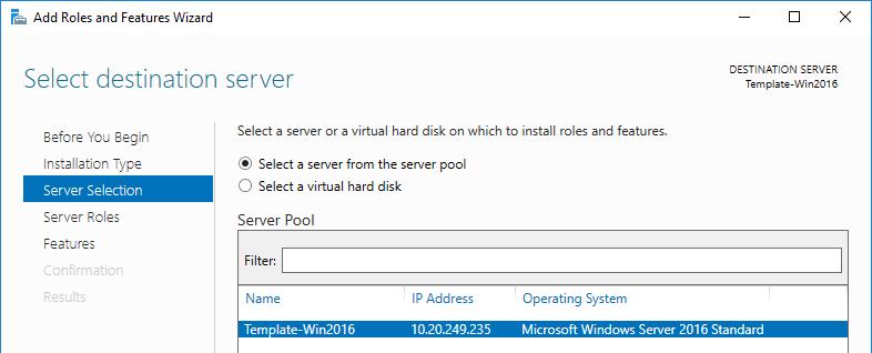 3. Lasciare selezionati Select a server from the server pool e il server su cui si sta installando IIS nel