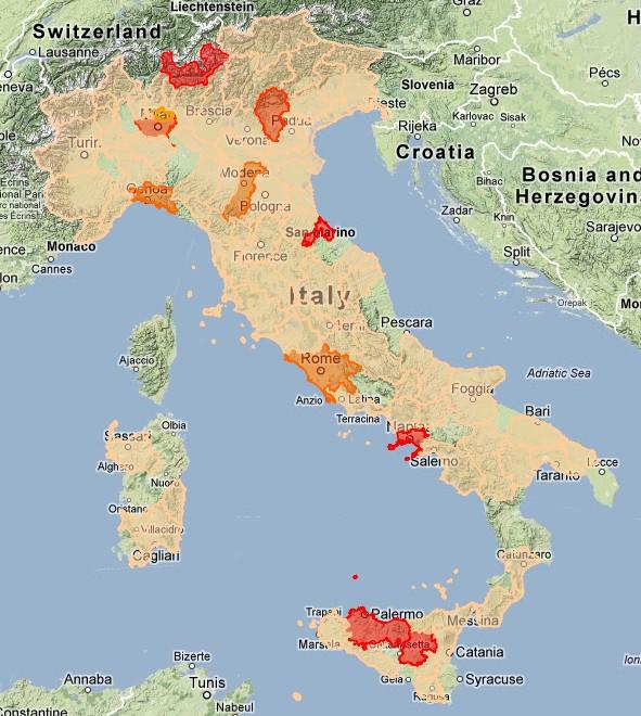 Distribuzione dei casi di Sindromi Influenzali per provincia La mappa riporta la distribuzione geografica dei casi di sindrome influenzale tra i partecipanti alla sorveglianza nella quattordicesima