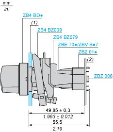 Precauzioni per l'installazione Spessore minimo della scheda a circuito: 1,6 mm/0,06 pollici Diametro apertura: 22,4 mm ± 0,1/0,88 pollici ± 0,004 Orientamento del collare di fissaggio/corpo ZB4