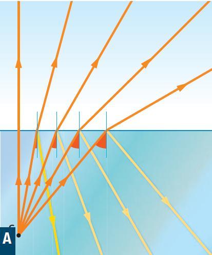 Riflessione totale Se si considera un angolo d incidenza maggiore del valore limite (ad esempio il raggio viola in figura con 1 > c ) la componente trasmessa si annulla, ed raggio incidente è