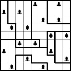 Giochi magici ALBERI (15 punti): Inserite un albero in alcune caselle, in modo che ogni riga, colonna e terreno contenga due alberi. Due alberi non possono toccarsi fra loro, nemmeno diagonalmente.
