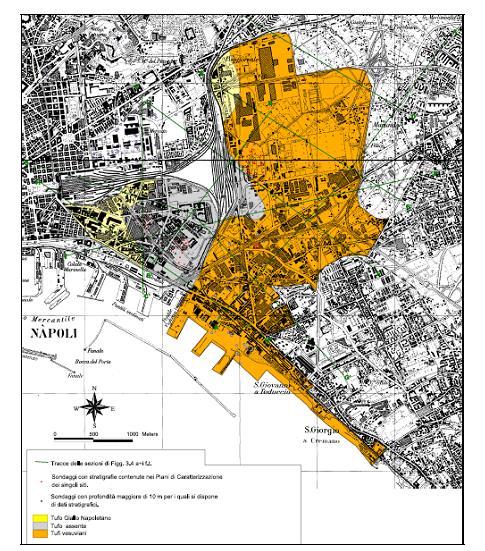 Fig. 8 Zonazione del territorio del SIN di Napoli Orientale sulla base dell andamento presunto nel sottosuolo dei banchi tufacei. (Piano di Caratterizzazione di NAPOLI ORIENTALE, 2002).