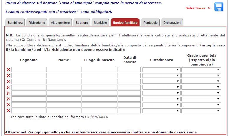 Figura 7 Sezione Nucleo familiare (non obbligatoria) La scheda deve essere compilata per l indicazione dei componenti il nucleo