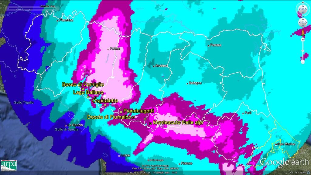 3. Cumulata di precipitazione e analisi del manto nevoso Le precipitazioni cumulate nel periodo dal 19 al 21 gennaio 2013, registrate dalle stazioni pluviometriche hanno prodotto i valori più