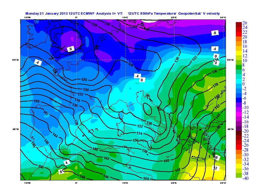 Fig. 3 - Mappe di analisi (da modello globale ECMWF) di temperatura, velocità del vento e geopotenziale a 850h del 21/01/2013 alle 12 UTC.