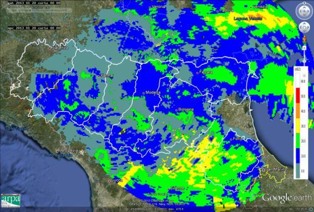 Fig.9 - Mappe di riflettività del 20/1/2013 alle 00:00 UTC ( a sinistra) e