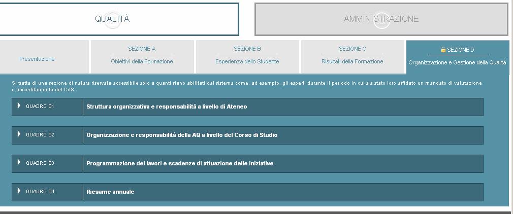 Sezione D Organizzazione e gestione della Qualità È presente una breve presentazione dei quadri di questa Sezione.