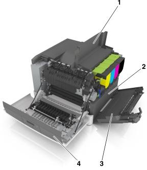 Manutenzione della stampante 96 Sostituzione dei materiali di consumo Sostituzione del contenitore del toner di scarto 1 Sportello superiore 2 Contenitore toner di scarto 3 Coperchio laterale destro