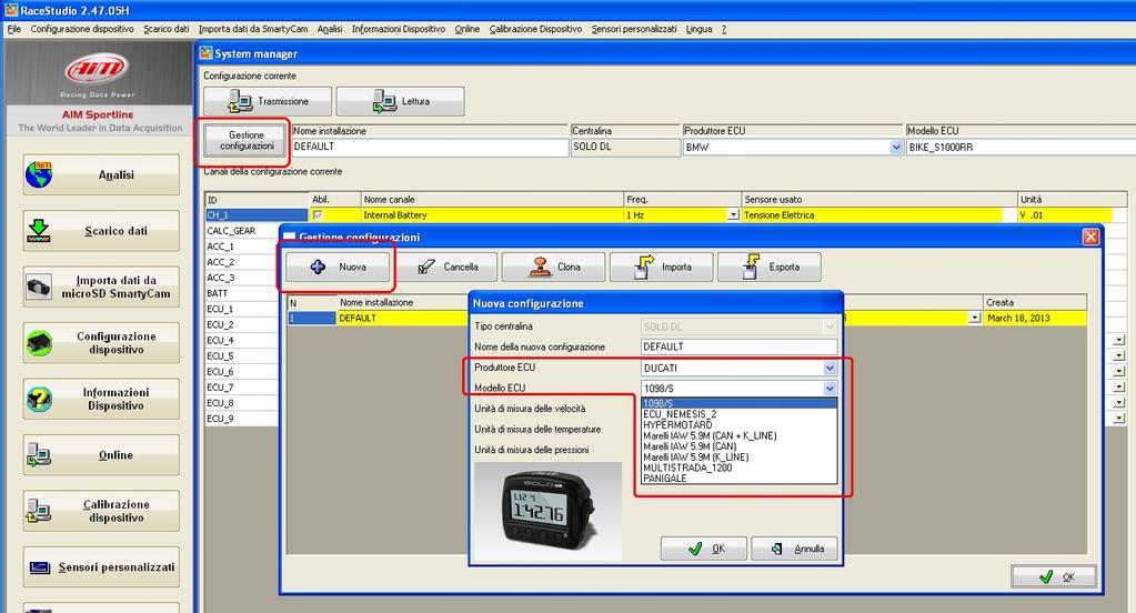 Il software mostra la pagina di configurazione di SoloDL: premere Gestione Configurazioni e selezionare la configurazione che si vuole utilizzare o premere Nuova per crearne una nuova.