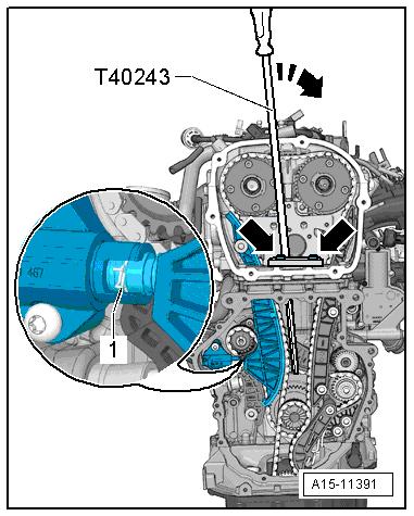 Page 5 of 23 Fissare il tendicatena con l'attrezzo di bloccaggio -T40267-. Rimuovere la leva -T40243-.