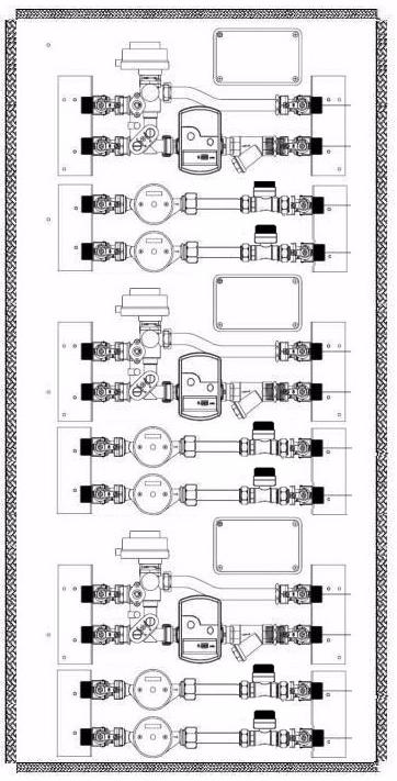 ARMADIO MULTILPO PREASSEMBLATO CONTABILIZZAZIONE DI ENERGIA TERMICA E/O FRIGORIFERA,CON ACQUA SANITARIA FREDDA E CALDA UNICO MONTANTE DI ALIMENTAZIONE DEI FLUIDI CENTRALIZZATI CON COLLETTORE INTERNO