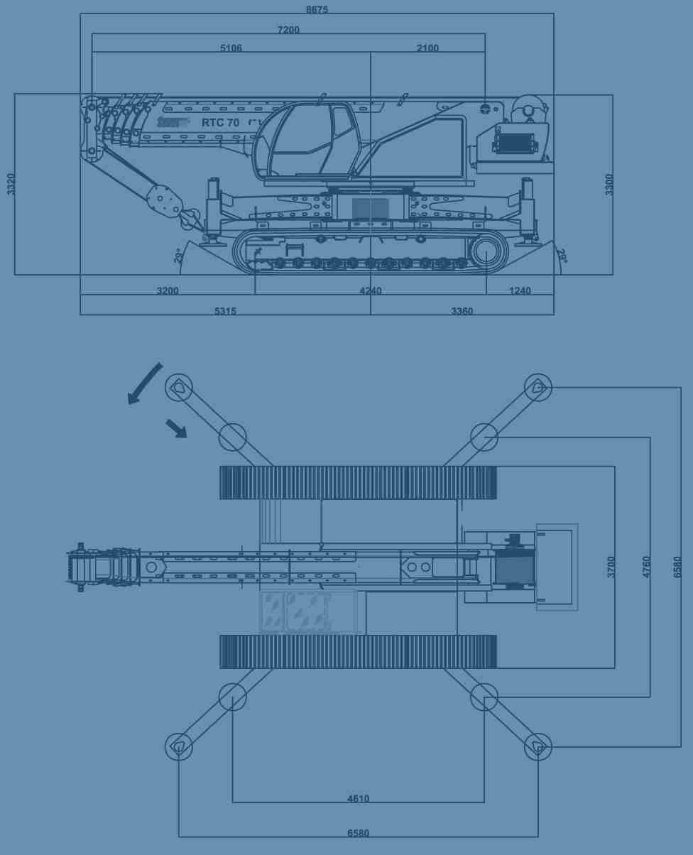 FIGURINO SU CARRO CINGOLATO / TECHNICAL DESIGN STABILIZZAZIONE / OUTRIGGERS SU CINGOLI ON CRAWLER CHIUSI CLOSE TOTALE OPEN CHIUSI CLOSE TOTALE OPEN La TCM s.r.