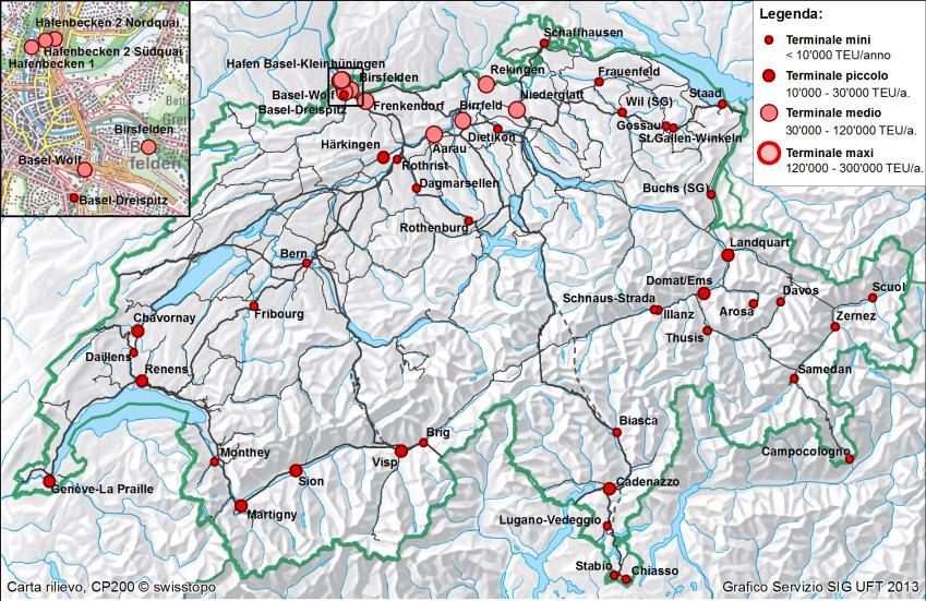 Figura 15: Panoramica dei terminali in Svizzera Attualmente si dubita che lo sviluppo finora scoordinato della rete di terminali permetta di soddisfare i requisiti di efficienza posti dal traffico