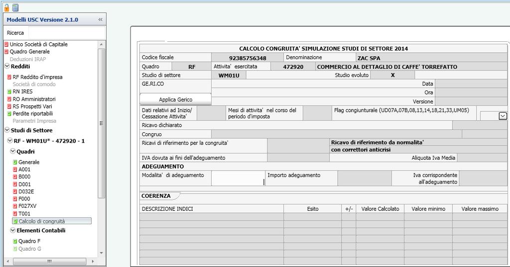 Una volta compilato lo studio sarà possibile effettuare il calcolo di congruità (se installato Gerico 2014).