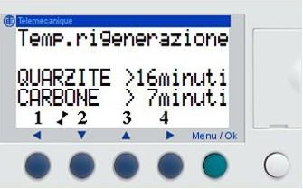 o Pressione/Programmazione Tempi di rigenerazione o Quarzite/Carbone 7 min/7 min o Quarzite/Carbone 12 min/7 min o