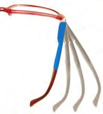 MIXE frontale in colore rosso, con aste in colore azzurro e terminali rossi 4 pins in acciaio incastonati nel frontale Cerniera delle aste con meccanismo flessibile a molla Kit/espositore con n.